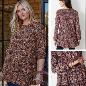 J.JILL Floral Printed Tiered Tunic Size XS Navy Blue Exuberant Floral
